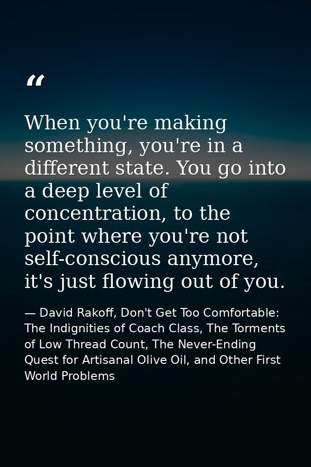 When you're making something, you're in a different state. You go into a deep level of concentration, to the point where — David Rakoff, Don't Get Too Comfortable: The Indignities of Coach Class, The Torments of Low Thread Count, The Never-Ending Quest for Artisanal Olive Oil, and Other First World Problems