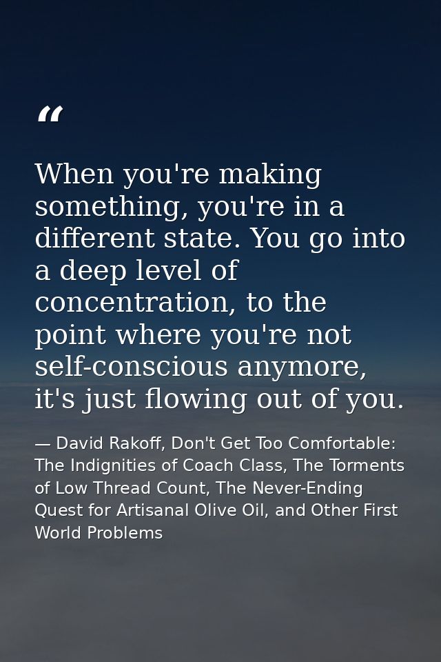 When you're making something, you're in a different state. You go into a deep level of concentration, to the point where — David Rakoff, Don't Get Too Comfortable: The Indignities of Coach Class, The Torments of Low Thread Count, The Never-Ending Quest for Artisanal Olive Oil, and Other First World Problems