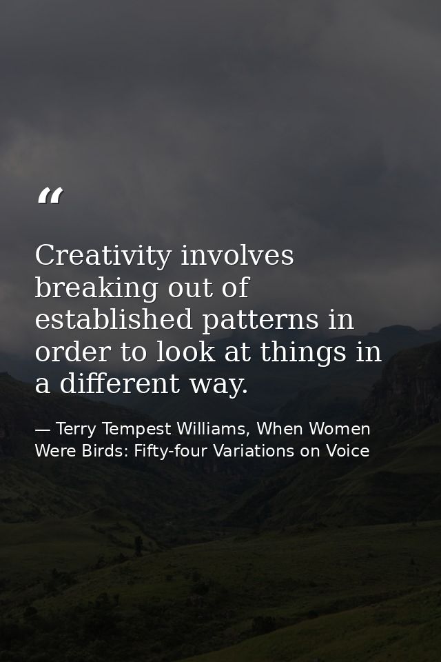 Creativity involves breaking out of established patterns in order to look at things in a different way. — Terry Tempest Williams, When Women Were Birds: Fifty-four Variations on Voice