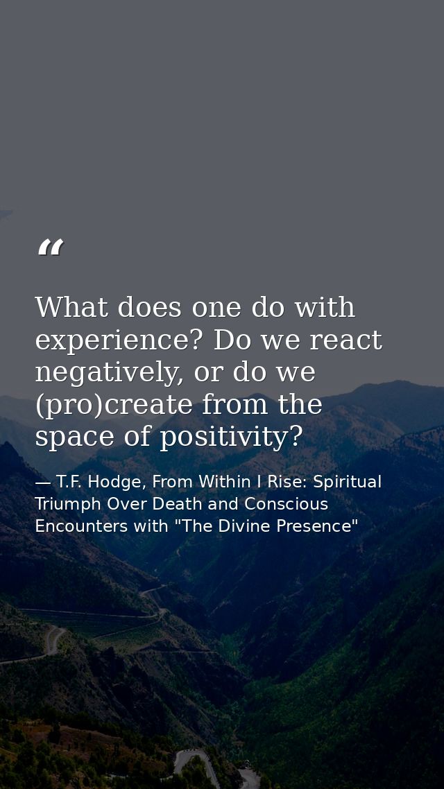 What does one do with experience? Do we react negatively, or do we (pro)create from the space of positivity? — T.F. Hodge, From Within I Rise: Spiritual Triumph Over Death and Conscious Encounters with "The Divine Presence"