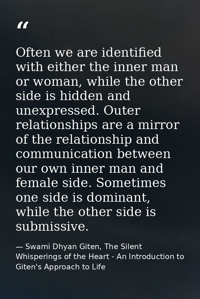 Often we are identified with either the inner man or woman, while the other side is hidden and unexpressed. Outer relati — Swami Dhyan Giten, The Silent Whisperings of the Heart - An Introduction to Giten's Approach to Life