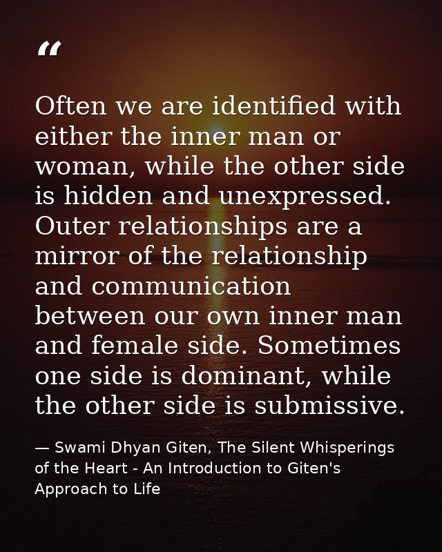 Often we are identified with either the inner man or woman, while the other side is hidden and unexpressed. Outer relati — Swami Dhyan Giten, The Silent Whisperings of the Heart - An Introduction to Giten's Approach to Life