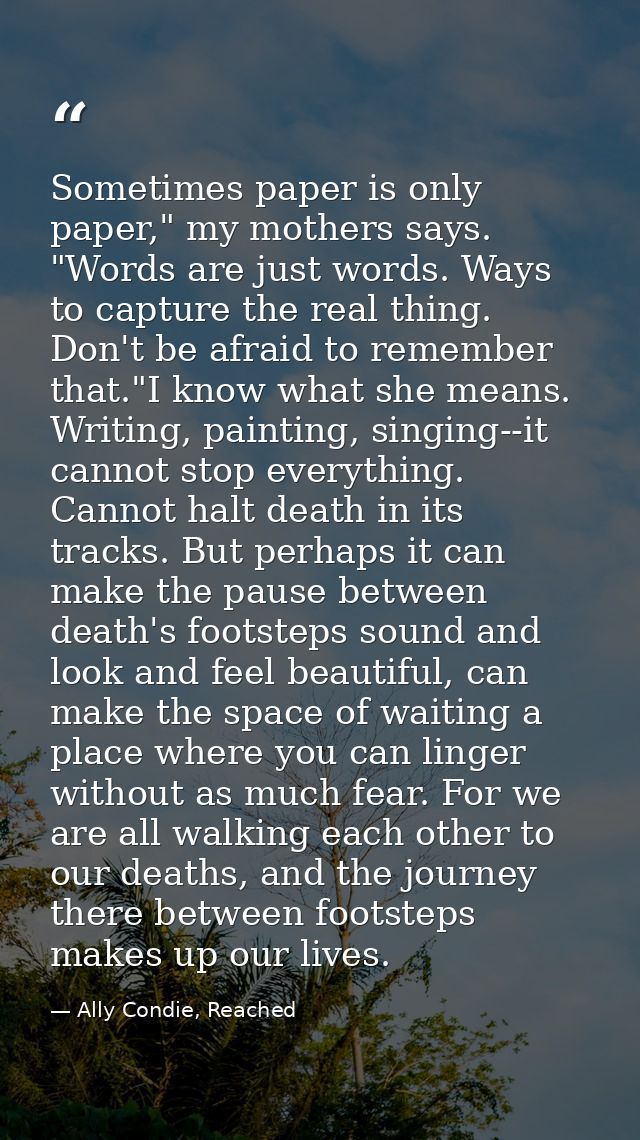 Sometimes paper is only paper," my mothers says. "Words are just words. Ways to capture the real thing. Don't be afraid  — Ally Condie, Reached