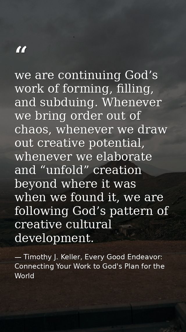 we are continuing God’s work of forming, filling, and subduing. Whenever we bring order out of chaos, whenever we draw o — Timothy J. Keller, Every Good Endeavor: Connecting Your Work to God's Plan for the World
