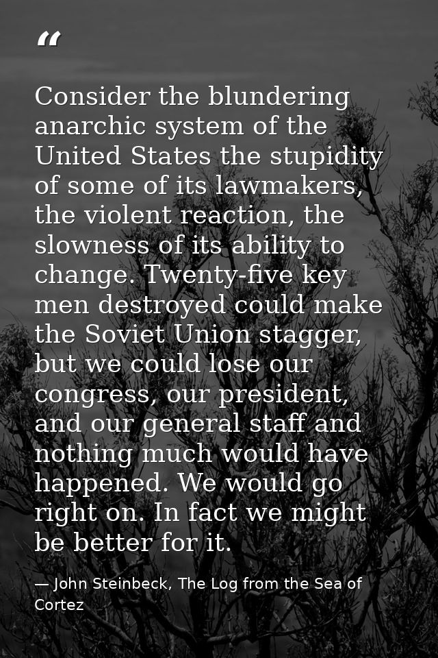 Consider the blundering anarchic system of the United States the stupidity of some of its lawmakers, the violent reactio — John Steinbeck, The Log from the Sea of Cortez
