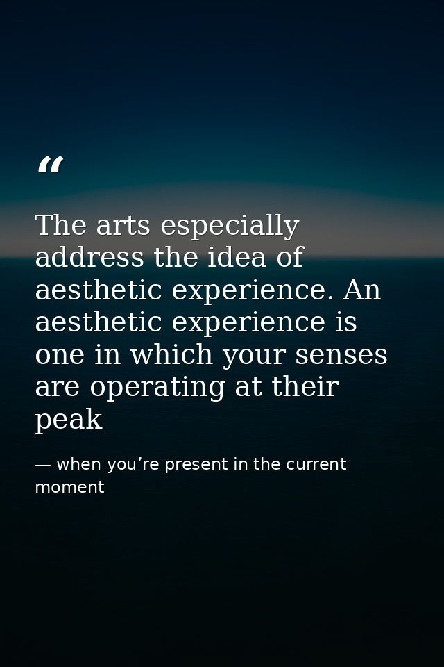 The arts especially address the idea of aesthetic experience. An aesthetic experience is one in which your senses are op — when you’re present in the current moment