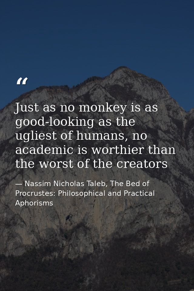 Just as no monkey is as good-looking as the ugliest of humans, no academic is worthier than the worst of the creators — Nassim Nicholas Taleb, The Bed of Procrustes: Philosophical and Practical Aphorisms