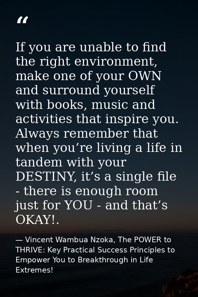 If you are unable to find the right environment, make one of your OWN and surround yourself with books, music and activi — Vincent Wambua Nzoka, The POWER to THRIVE: Key Practical Success Principles to Empower You to Breakthrough in Life Extremes!