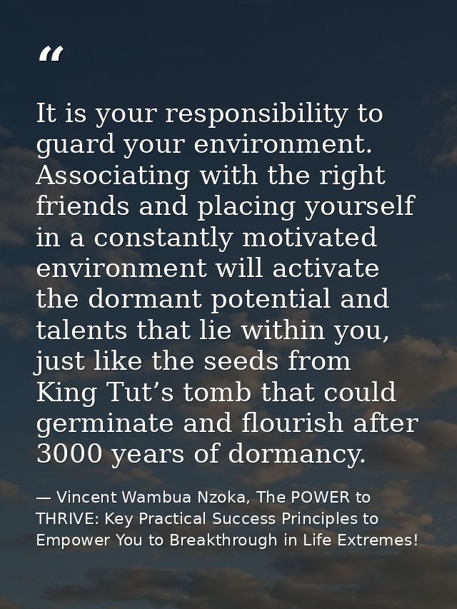 It is your responsibility to guard your environment. Associating with the right friends and placing yourself in a consta — Vincent Wambua Nzoka, The POWER to THRIVE: Key Practical Success Principles to Empower You to Breakthrough in Life Extremes!