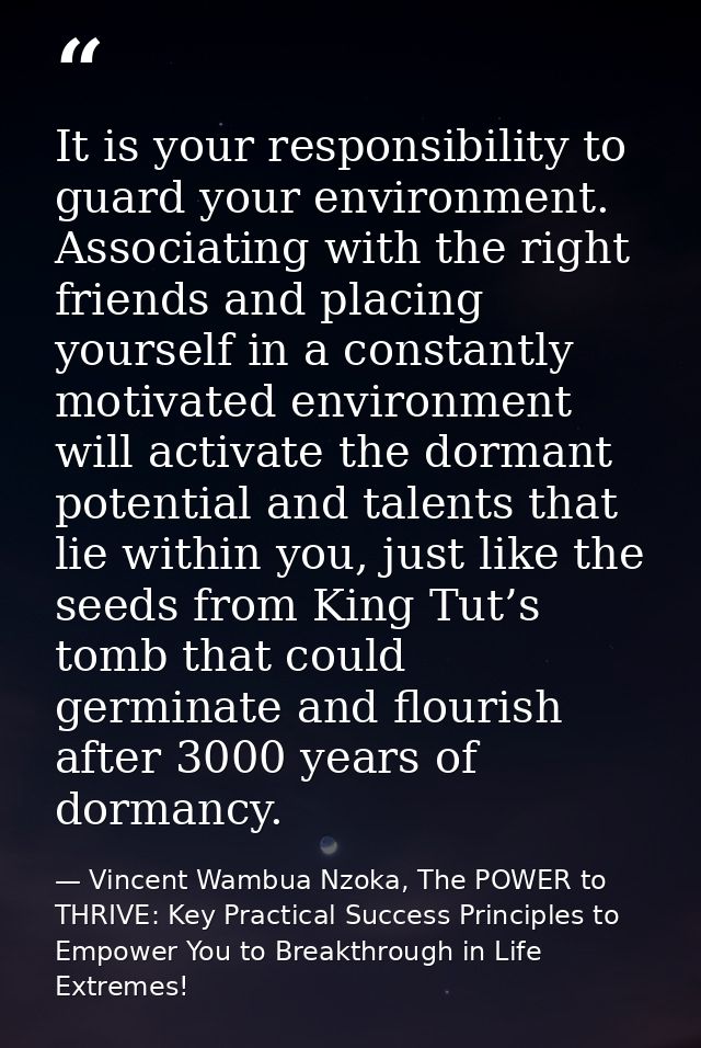 It is your responsibility to guard your environment. Associating with the right friends and placing yourself in a consta — Vincent Wambua Nzoka, The POWER to THRIVE: Key Practical Success Principles to Empower You to Breakthrough in Life Extremes!