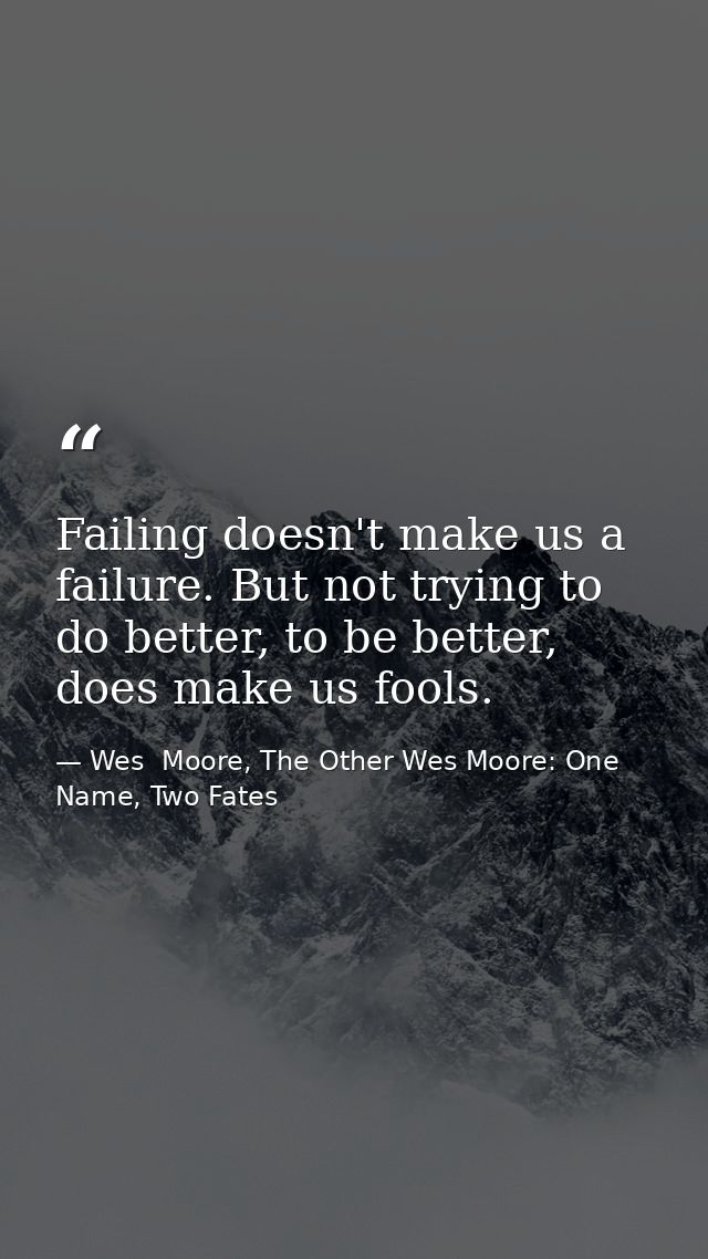 Failing doesn't make us a failure. But not trying to do better, to be better, does make us fools. — Wes  Moore, The Other Wes Moore: One Name, Two Fates