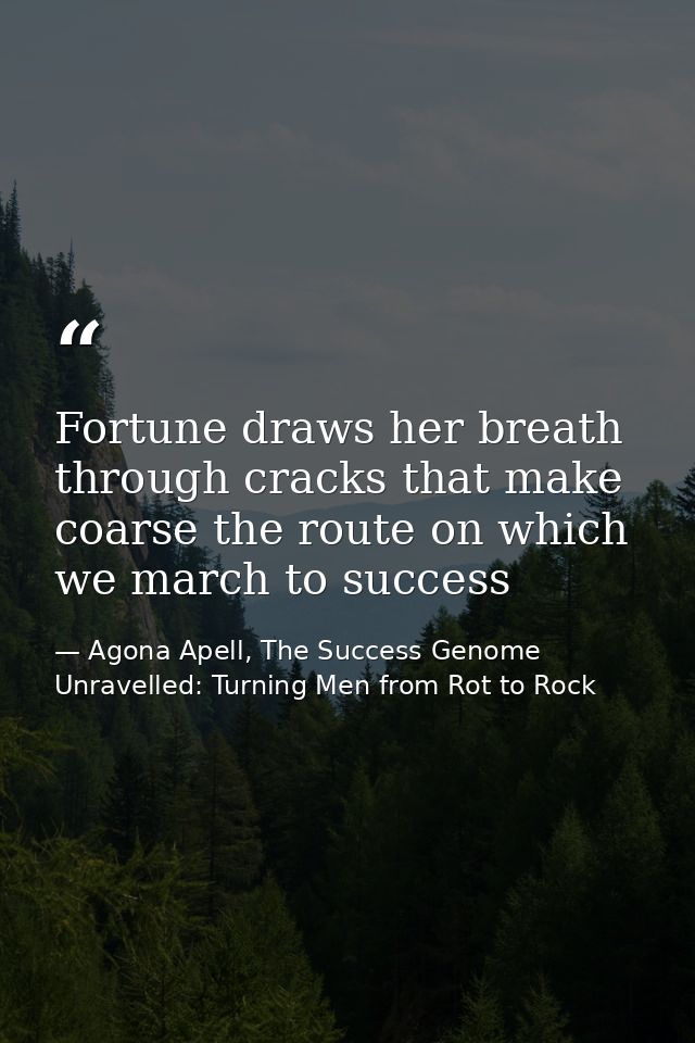 Fortune draws her breath through cracks that make coarse the route on which we march to success — Agona Apell, The Success Genome Unravelled: Turning Men from Rot to Rock