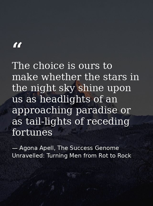 The choice is ours to make whether the stars in the night sky shine upon us as headlights of an approaching paradise or  — Agona Apell, The Success Genome Unravelled: Turning Men from Rot to Rock