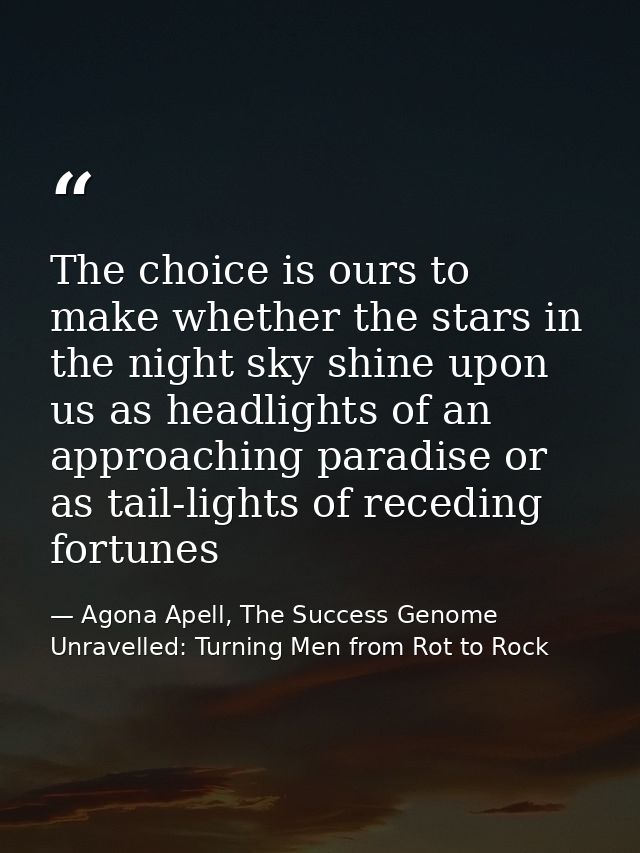 The choice is ours to make whether the stars in the night sky shine upon us as headlights of an approaching paradise or  — Agona Apell, The Success Genome Unravelled: Turning Men from Rot to Rock