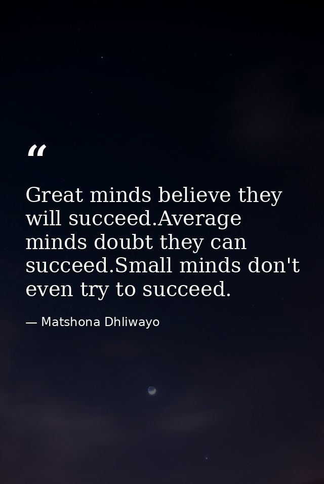 Great minds believe they will succeed.Average minds doubt they can succeed.Small minds don't even try to succeed. — Matshona Dhliwayo