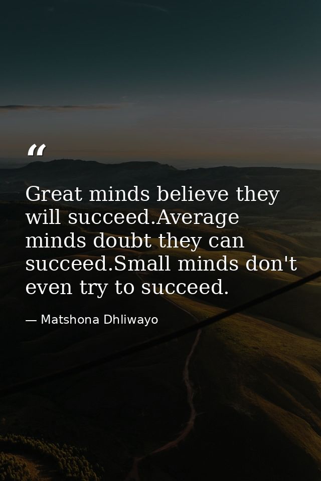 Great minds believe they will succeed.Average minds doubt they can succeed.Small minds don't even try to succeed. — Matshona Dhliwayo