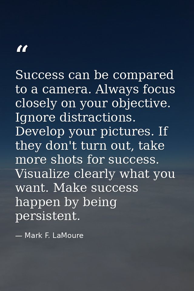 Success can be compared to a camera. Always focus closely on your objective. Ignore distractions. Develop your pictures. — Mark F. LaMoure