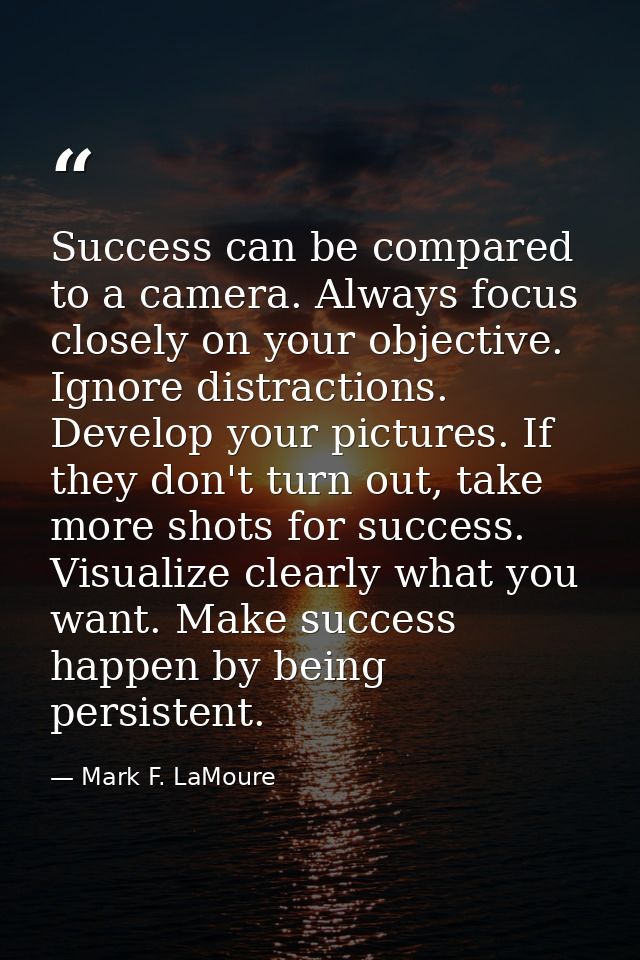 Success can be compared to a camera. Always focus closely on your objective. Ignore distractions. Develop your pictures. — Mark F. LaMoure