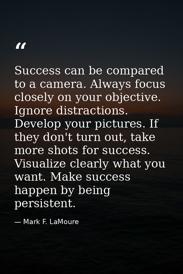 Success can be compared to a camera. Always focus closely on your objective. Ignore distractions. Develop your pictures. — Mark F. LaMoure