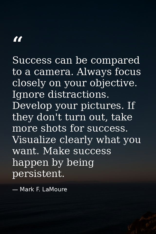 Success can be compared to a camera. Always focus closely on your objective. Ignore distractions. Develop your pictures. — Mark F. LaMoure