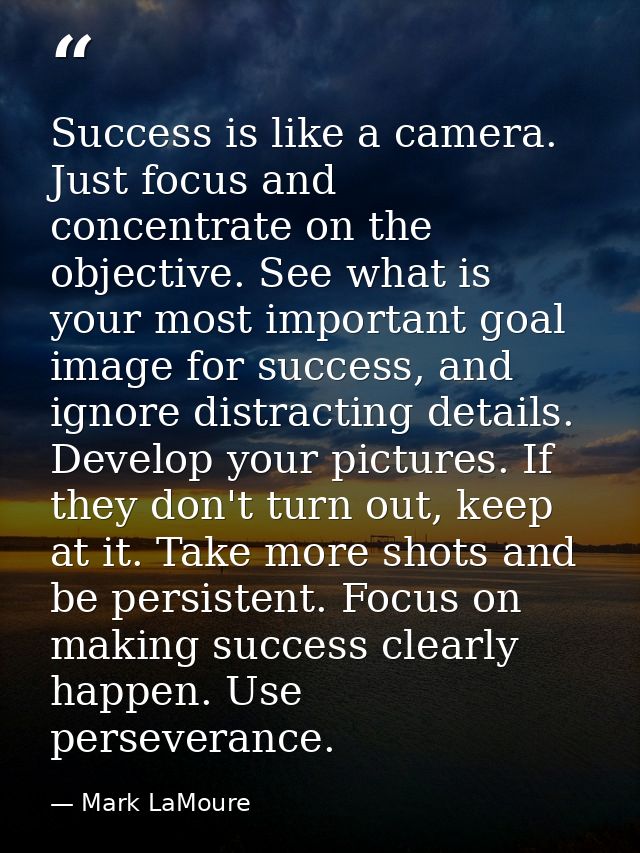 Success is like a camera. Just focus and concentrate on the objective. See what is your most important goal image for su — Mark LaMoure