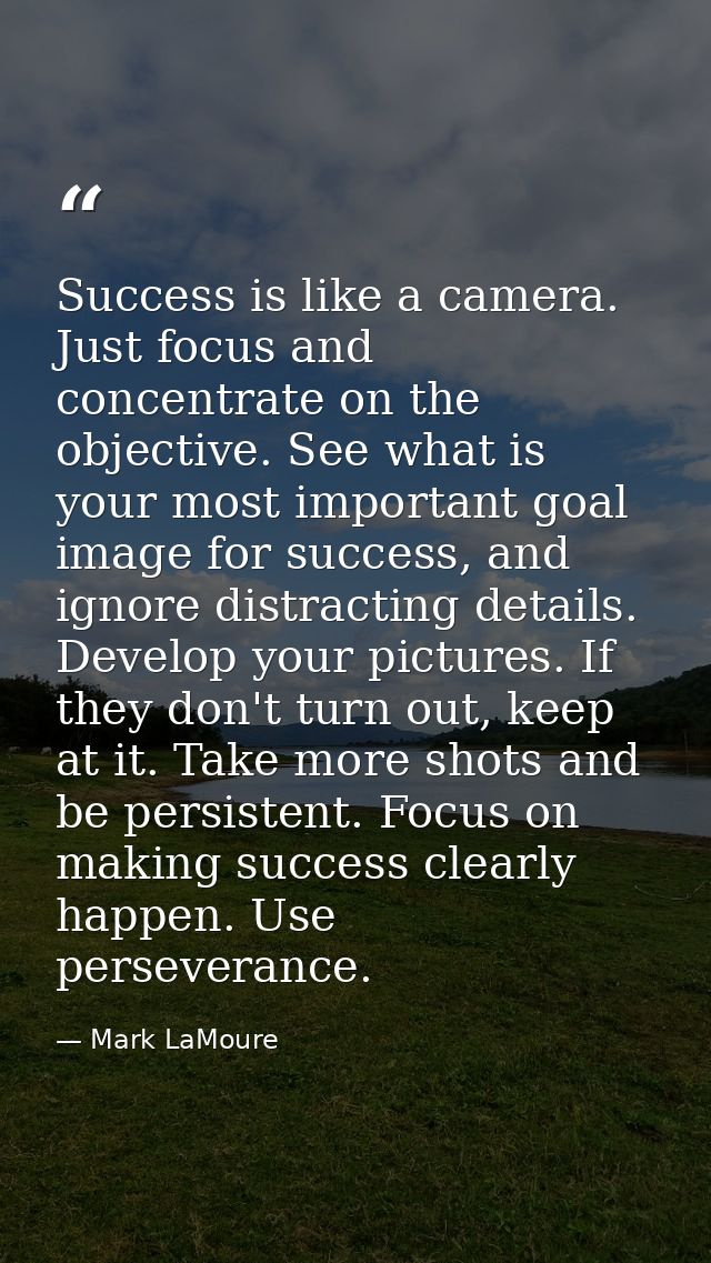 Success is like a camera. Just focus and concentrate on the objective. See what is your most important goal image for su — Mark LaMoure