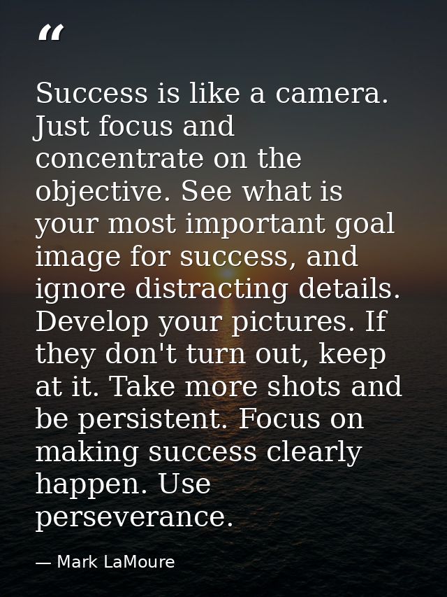 Success is like a camera. Just focus and concentrate on the objective. See what is your most important goal image for su — Mark LaMoure
