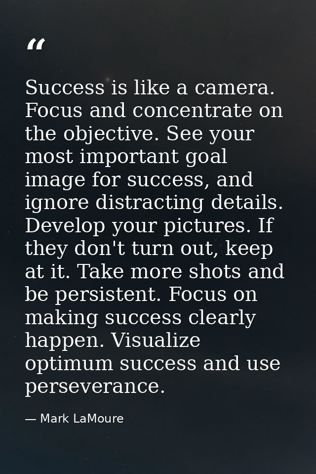 Success is like a camera. Focus and concentrate on the objective. See your most important goal image for success, and ig — Mark LaMoure