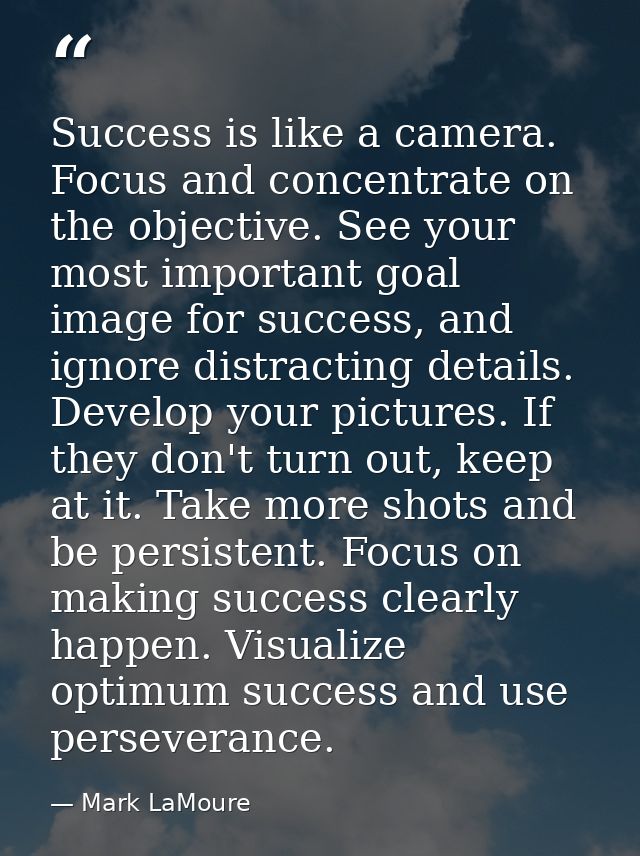 Success is like a camera. Focus and concentrate on the objective. See your most important goal image for success, and ig — Mark LaMoure