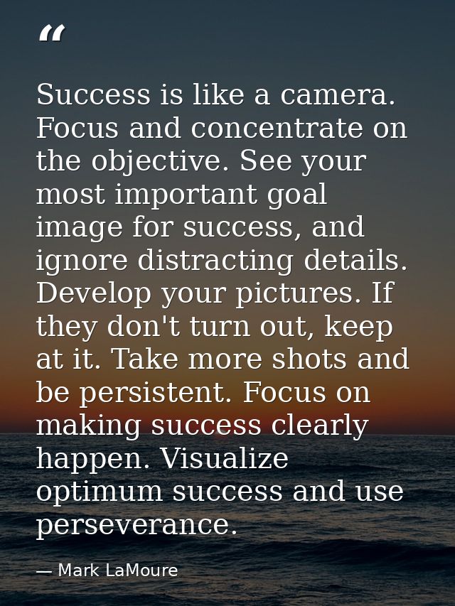 Success is like a camera. Focus and concentrate on the objective. See your most important goal image for success, and ig — Mark LaMoure