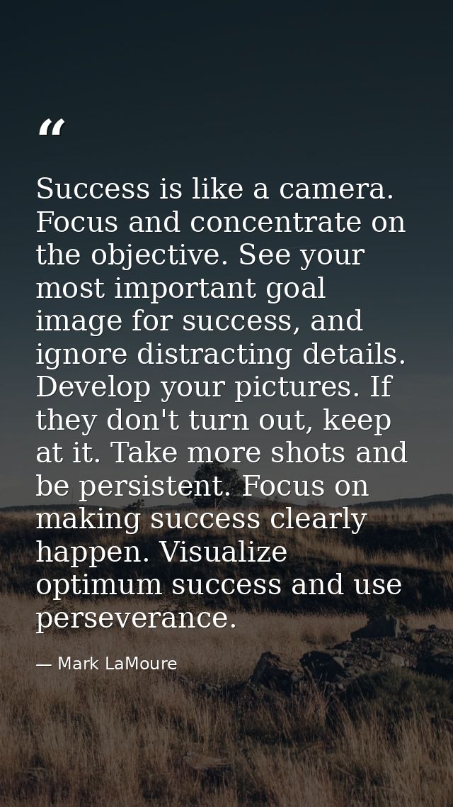 Success is like a camera. Focus and concentrate on the objective. See your most important goal image for success, and ig — Mark LaMoure