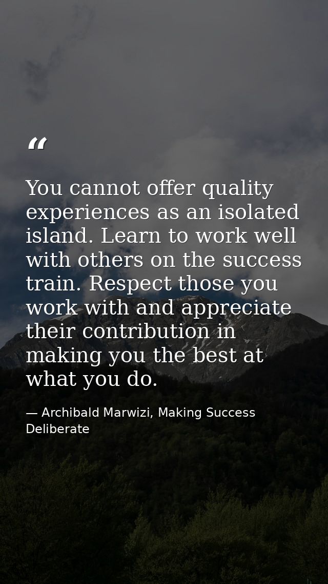 You cannot offer quality experiences as an isolated island. Learn to work well with others on the success train. Respect — Archibald Marwizi, Making Success Deliberate