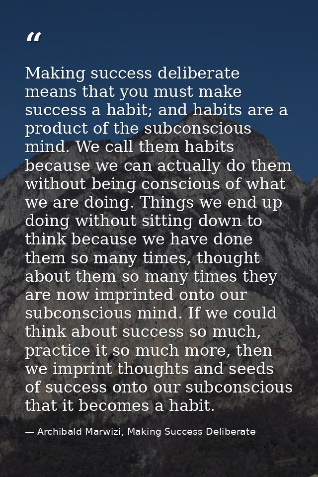 Making success deliberate means that you must make success a habit; and habits are a product of the subconscious mind. W — Archibald Marwizi, Making Success Deliberate