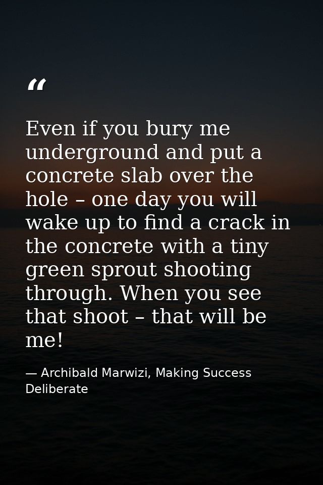 Even if you bury me underground and put a concrete slab over the hole – one day you will wake up to find a crack in the  — Archibald Marwizi, Making Success Deliberate