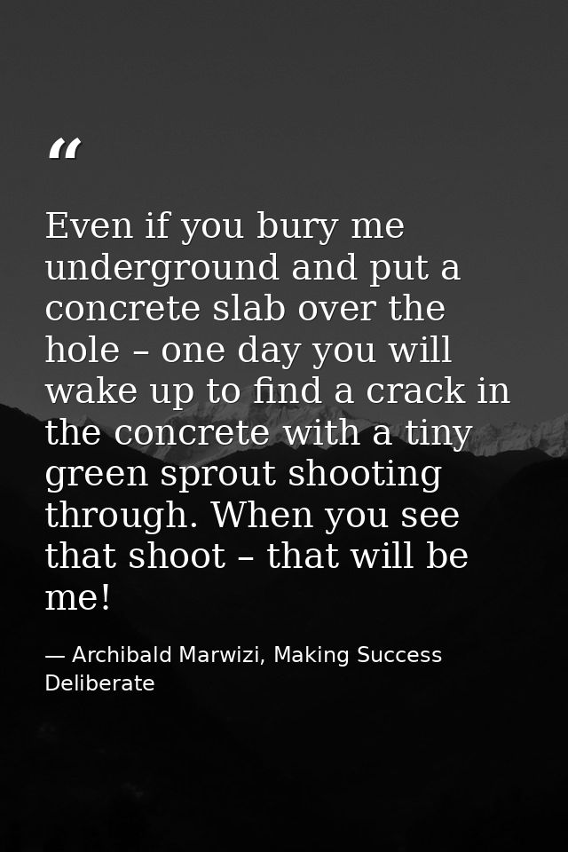 Even if you bury me underground and put a concrete slab over the hole – one day you will wake up to find a crack in the  — Archibald Marwizi, Making Success Deliberate