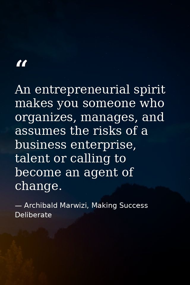 An entrepreneurial spirit makes you someone who organizes, manages, and assumes the risks of a business enterprise, tale — Archibald Marwizi, Making Success Deliberate