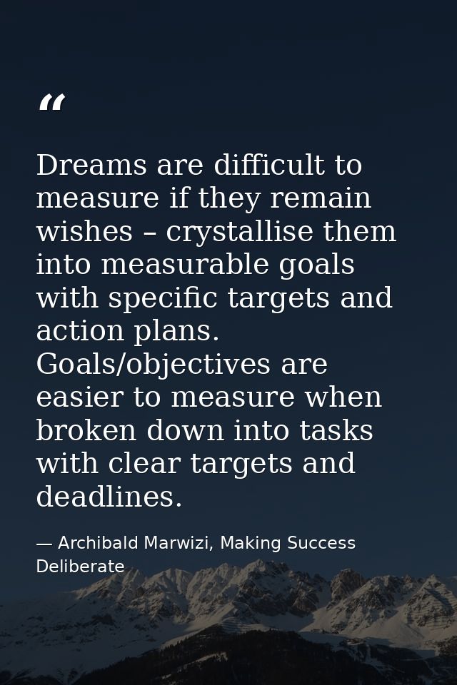 Dreams are difficult to measure if they remain wishes – crystallise them into measurable goals with specific targets and — Archibald Marwizi, Making Success Deliberate