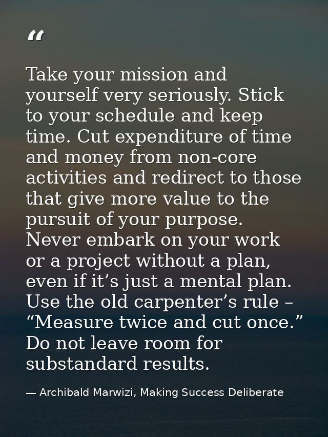 Take your mission and yourself very seriously. Stick to your schedule and keep time. Cut expenditure of time and money f — Archibald Marwizi, Making Success Deliberate