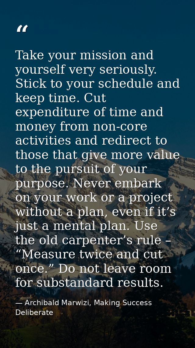 Take your mission and yourself very seriously. Stick to your schedule and keep time. Cut expenditure of time and money f — Archibald Marwizi, Making Success Deliberate