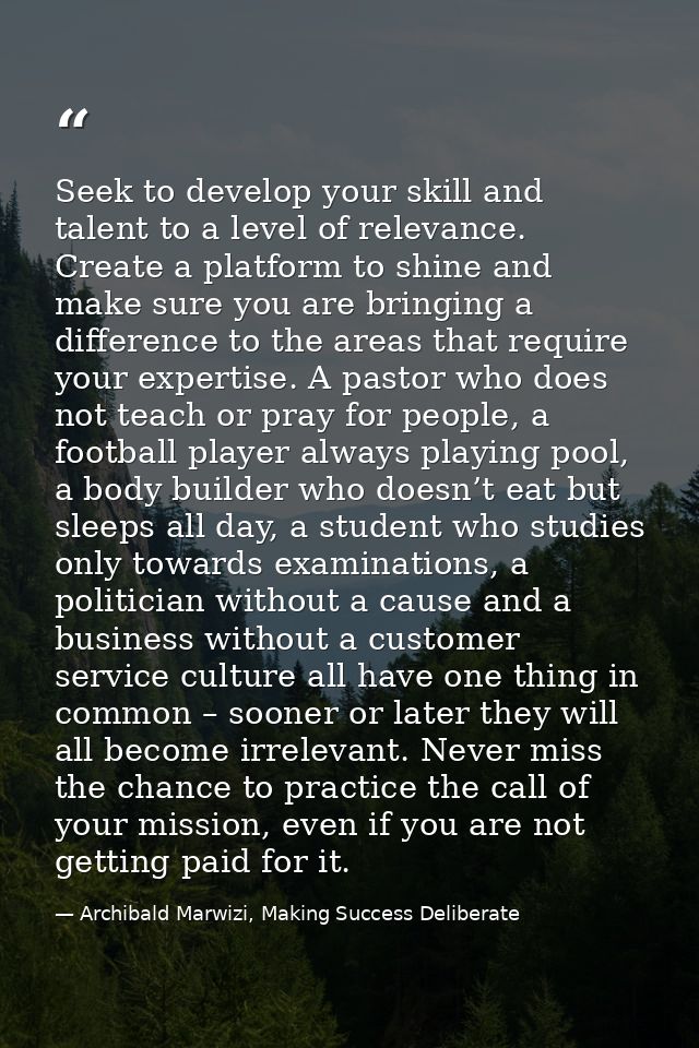 Seek to develop your skill and talent to a level of relevance. Create a platform to shine and make sure you are bringing — Archibald Marwizi, Making Success Deliberate