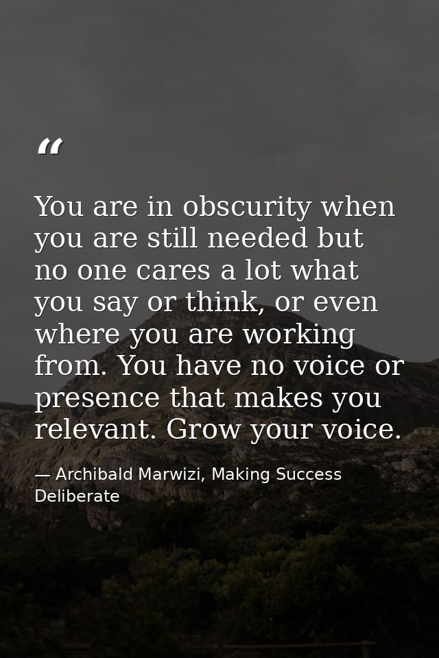 You are in obscurity when you are still needed but no one cares a lot what you say or think, or even where you are worki — Archibald Marwizi, Making Success Deliberate