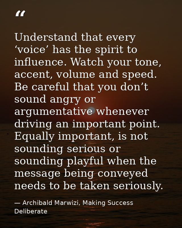 Understand that every ‘voice’ has the spirit to influence. Watch your tone, accent, volume and speed. Be careful that yo — Archibald Marwizi, Making Success Deliberate