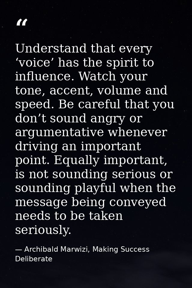 Understand that every ‘voice’ has the spirit to influence. Watch your tone, accent, volume and speed. Be careful that yo — Archibald Marwizi, Making Success Deliberate