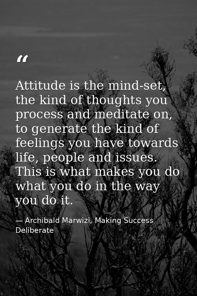Attitude is the mind-set, the kind of thoughts you process and meditate on, to generate the kind of feelings you have to — Archibald Marwizi, Making Success Deliberate