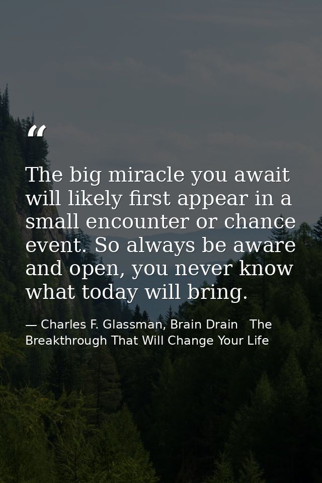 The big miracle you await will likely first appear in a small encounter or chance event. So always be aware and open, yo — Charles F. Glassman, Brain Drain   The Breakthrough That Will Change Your Life