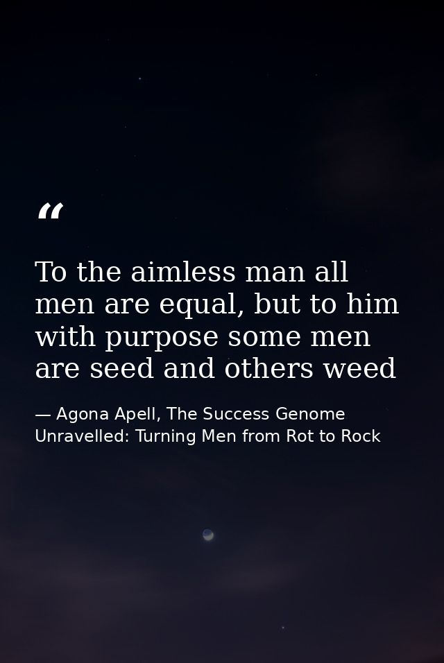 To the aimless man all men are equal, but to him with purpose some men are seed and others weed — Agona Apell, The Success Genome Unravelled: Turning Men from Rot to Rock