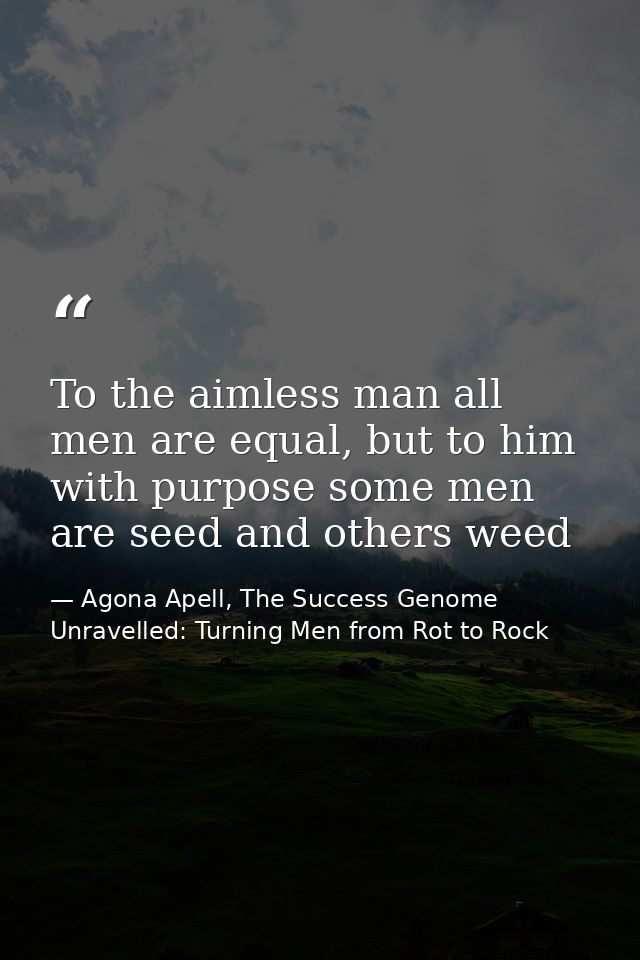 To the aimless man all men are equal, but to him with purpose some men are seed and others weed — Agona Apell, The Success Genome Unravelled: Turning Men from Rot to Rock