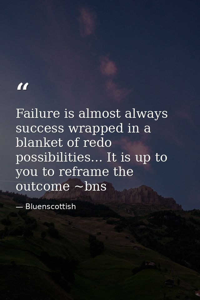 Failure is almost always success wrapped in a blanket of redo possibilities... It is up to you to reframe the outcome ~b — Bluenscottish