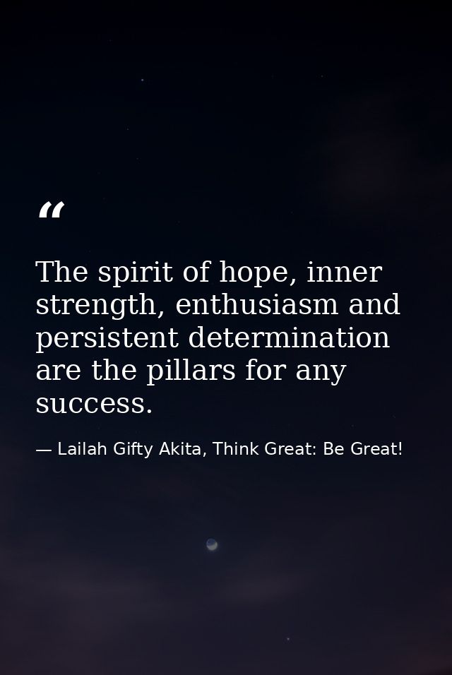 The spirit of hope, inner strength, enthusiasm and persistent determination are the pillars for any success. — Lailah Gifty Akita, Think Great: Be Great!