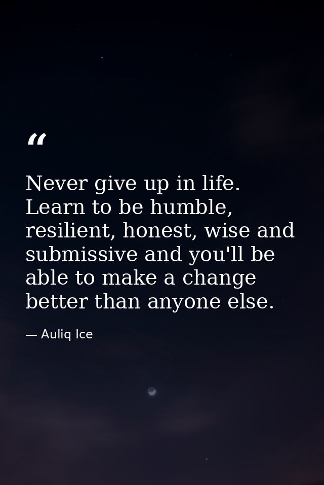 Never give up in life. Learn to be humble, resilient, honest, wise and submissive and you'll be able to make a change be — Auliq Ice